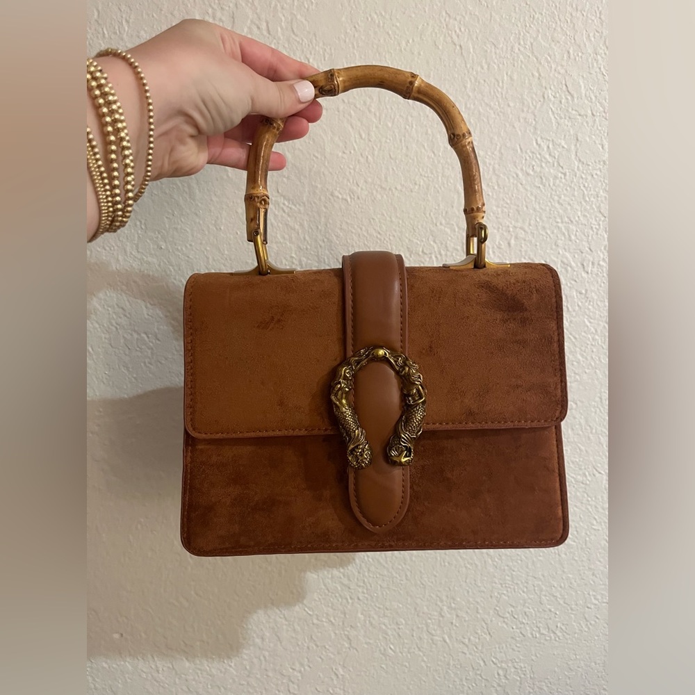 Brown Suede Bamboo Top Handle Purse